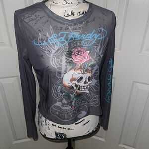 Ed Hardy Gray Long Sleeve Skull Top worn twice size XL